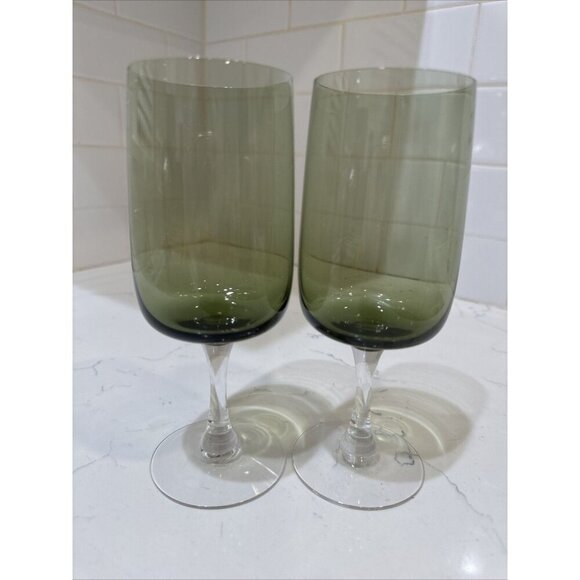 Fostoria Green Water Wine Delicate Drink Glass Goblet Stemware Set Of 2 - Picture 1 of 8